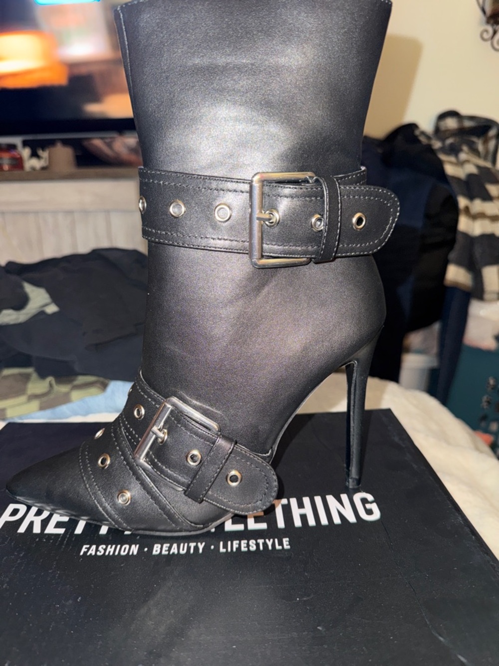 Black Stiletto Buckle Ankle Boots - Women - Picture 2 of 6